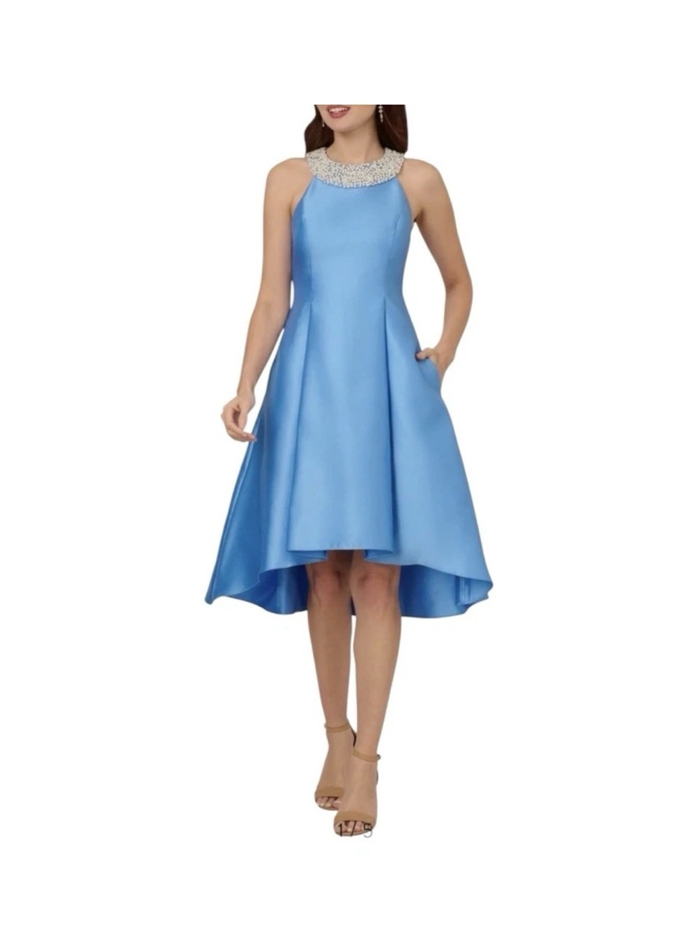 Adrianna Papell Elegant Beaded Halter High-Low Dress in Light Blue size 8